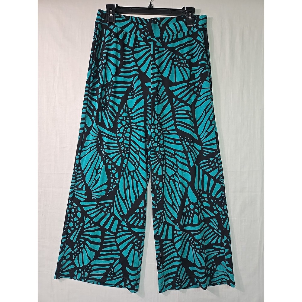 Chico's Wide Leg Tropical Green Black Pull On Pants Women's 1 (M) Resort Cropped